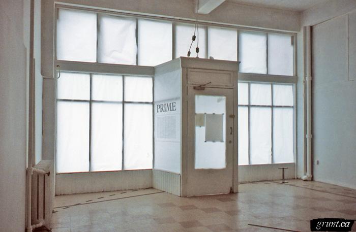 1987 03 17 Sculpture Prime Room Dan Olson installation shot inside of front window